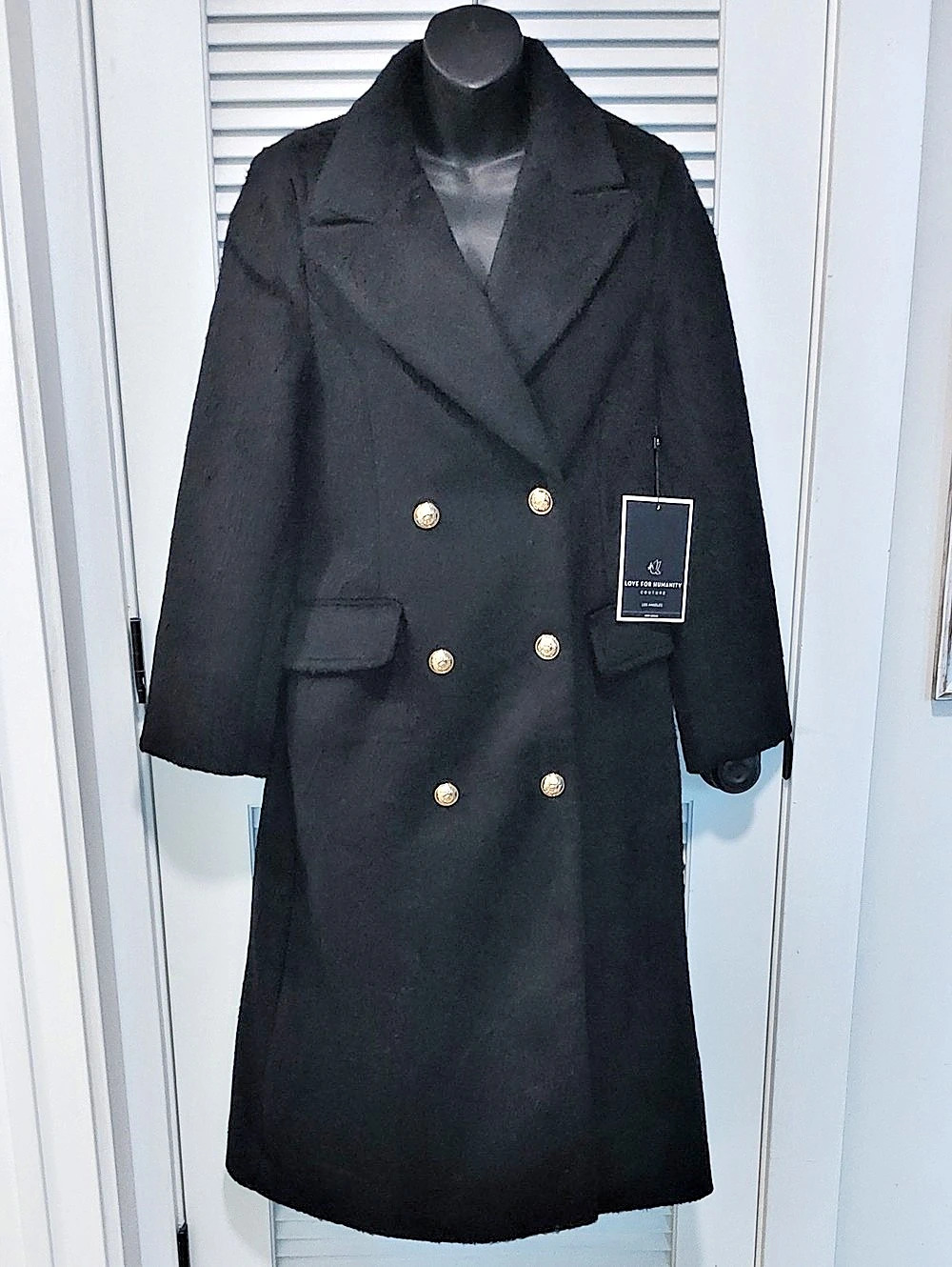 Love For Humanity Couture Los Angeles Women's Black Double-Breasted Pea Coat NWT